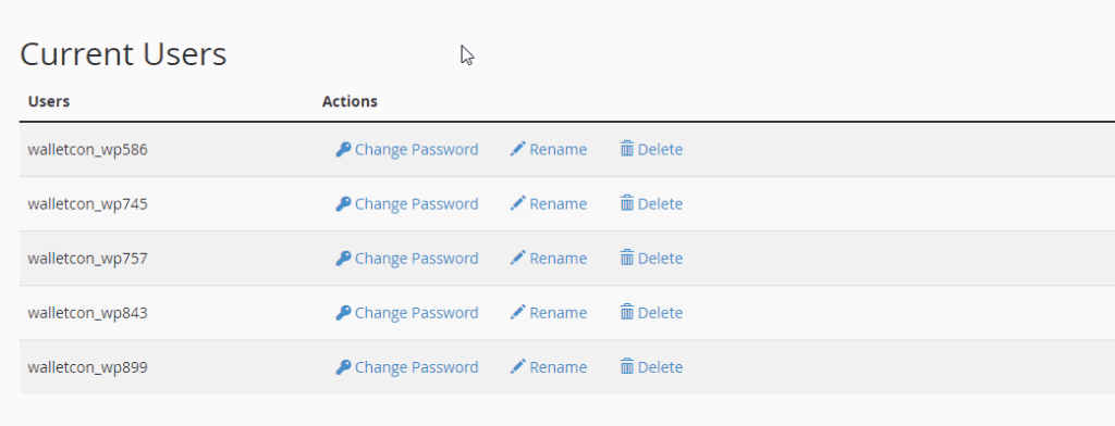 A screenshot of a user management interface showing a list of current users with options to change their passwords, rename, or delete their accounts.