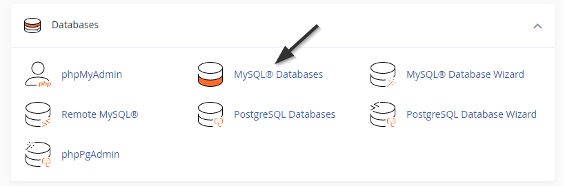 A screenshot of a web hosting control panel focusing on database management tools, with an arrow pointing to the "mysql® databases" icon.