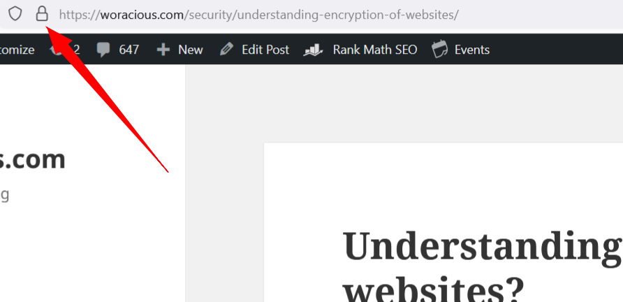 Web browser displaying an article about understanding encryption of websites, with a red arrow pointing towards the website's security padlock in the address bar.