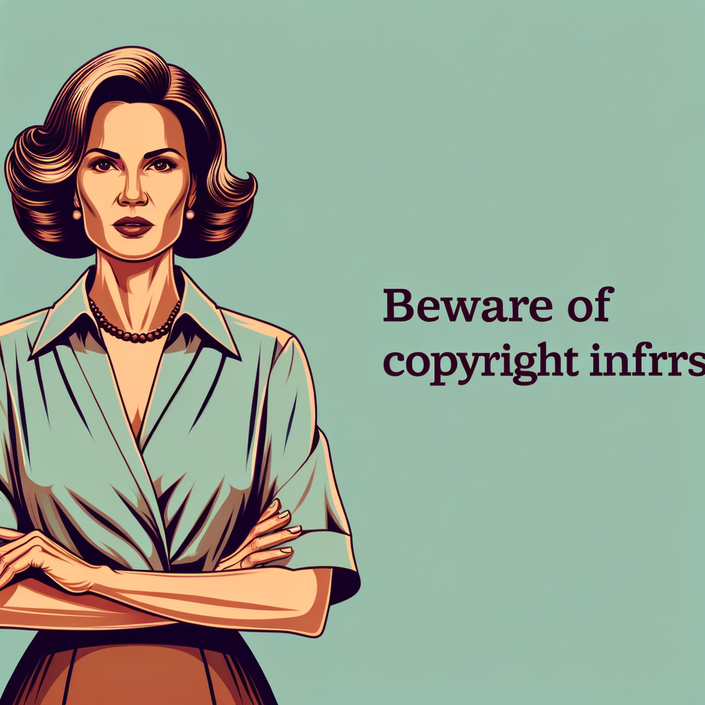 A beautiful women in pencil skirt and deep cleavage shirt telling people Beware of Copyright Infringements